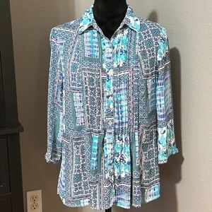 Investments Petites Blouse PS Blue Patchwork Button Up Boho Coastal Print
